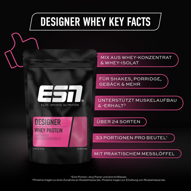 [Australia] - ESN Designer Whey Protein Powder, Almond Coconut, 1 kg, up to 23 g protein per serving, ideal for building and maintaining muscle, tested quality - made in Germany 