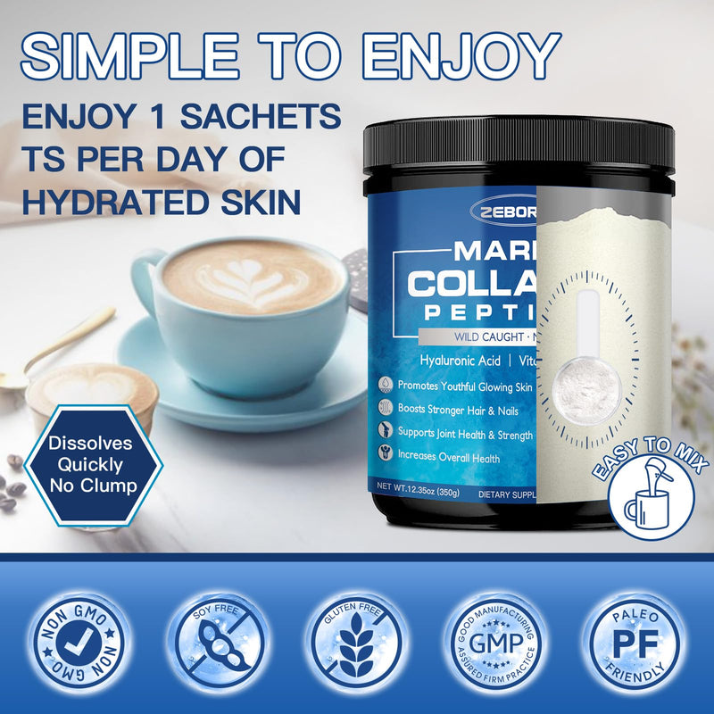 ZEBORA Marine Collagen Peptides Powder for Women, 35 Servings | Wild Caught Hydrolyzed Fish Collagen with Hyaluronic Acid, Keratin, Multivitamins for Skin, Hair, Nails, Keto-Friendly 12.35 Ounce (Pack of 1)