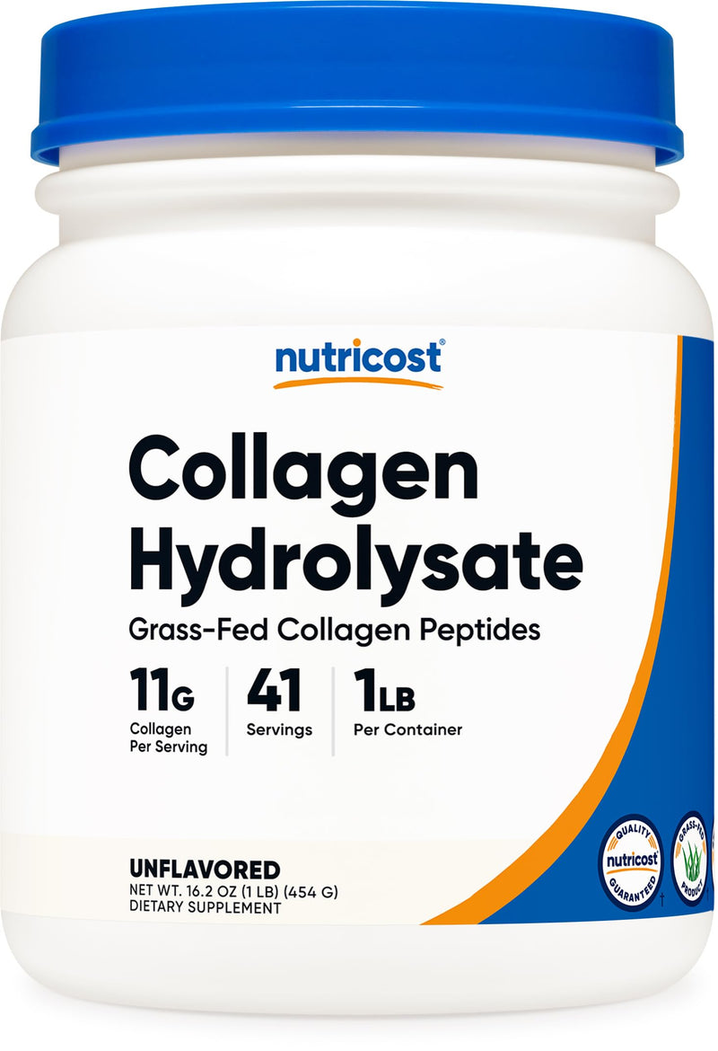 Nutricost Grass-Fed Collagen Powder 1LB (454 G) - Bovine Collagen Hydrolysate (Unflavored) - Collagen Peptides 41 Servings (Pack of 1)