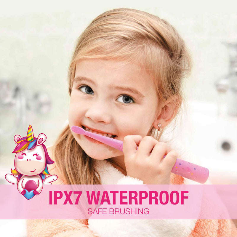 [Australia] - Vekkia Sonic Rechargeable Kids Electric Toothbrush, 3 Modes with Memory, Fun & Easy Cleaning, 24000 Strokes, IPX7 Waterproof, 2-Min Timer for Age 5+, 4 Soft Bristles(Pink) Pink 