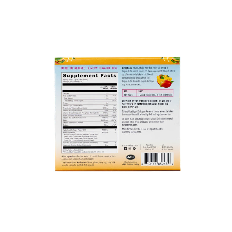 NatureWise Hydrolyzed Liquid Collagen for Women & Men 4000mg - No Added Sugar - Multi Collagen Peptides + Biotin + Vitamin C + Vitamin B Complex & Hyaluronic Acid - Mango - 10 Tubes[10 Day Supply] 3.38 Fl Oz (Pack of 1)