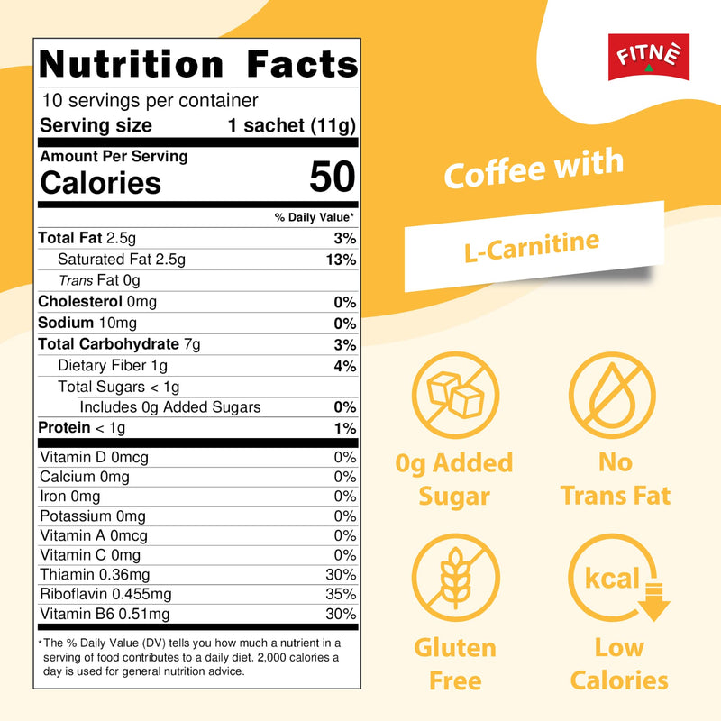 FITNE Instant 3 in 1 Coffee Packets Mix with L-Carnitine for Workout Exercise Vitamin B1 B2 B6 Smooth Blend No Sugar Sucralose Sweetener, 10 Sachets 10 Count (Pack of 1)