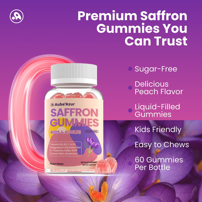 Saffron Gummies for Kids, Nerve & Focus Support, Saffron Supplements,60 Ct | 15-in-1 fomula with B6, B12, C, D3, Magnesium Glycinate, Zinc for Rest. Sugar Free, Peach Flavor. Vegan, Non- GMO