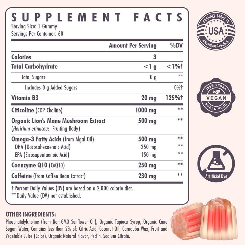 [Australia] - Citicoline Supplement, CDP Choline, Brain Supplement for Memory and Focus | Cognitive Function & Energy Improvement | Citicoline 1000mg Plus Lion's Mane Extract 500mg per Serving (60 Count) 60 Count (Pack of 1) 