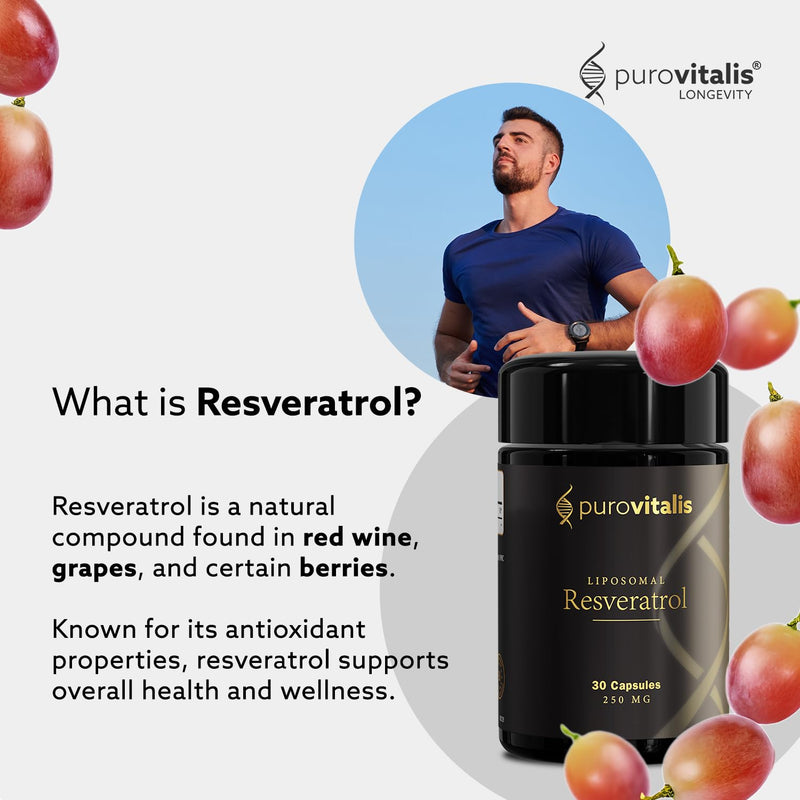 PUROVITALIS Liposomal Resveratrol 250mg, 30 Servings (30 Vegan Capsules), High Purity Trans-resveratrol Antioxidant Supplement 30 count (Pack of 1)