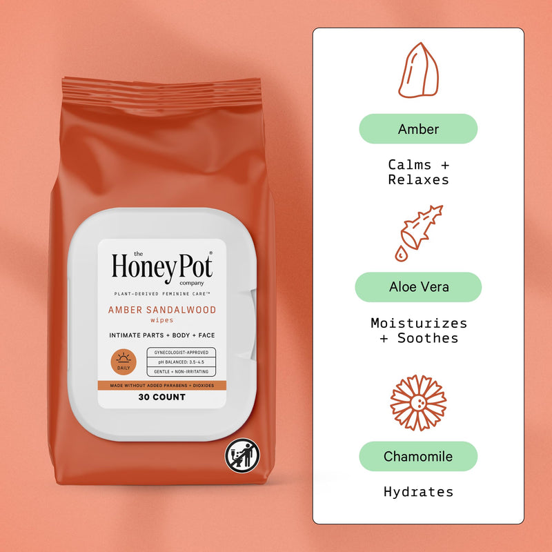 [Australia] - The Honey Pot Company - Feminine Wipes - Daily PH Balancing, Sulfate Free Feminine Products for Intimate Parts, Body, or Face. - Amber Sandalwood 30 ct. 30 Count (Pack of 1) 