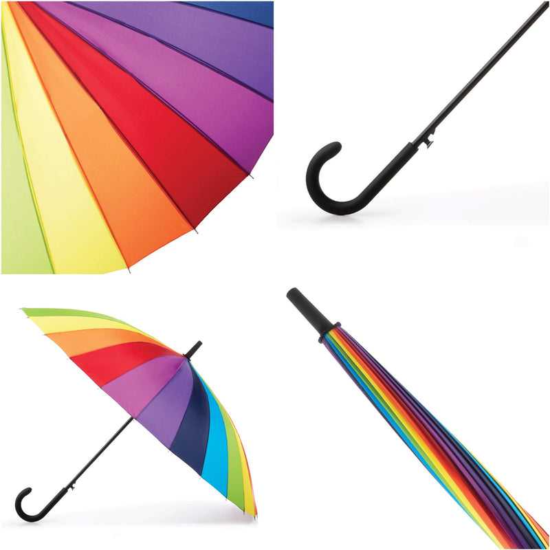 totes Large Eco Auto-Open 24 Rib Stick Umbrella with a Classic J Hook Curved Handle and water repellant One Size Bright Rainbow
