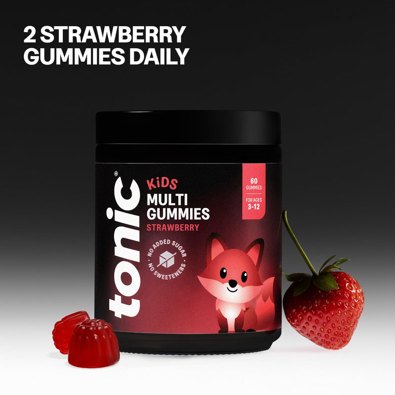 Tonic Health Kids Vitamins Gummies - 14 in 1 Kids Multivitamin with Vitamins A, C, D, E and Zinc, Strawberry Flavour, Month Supply (60 Count), Ages 3-12, No Added Sugar, No Sweeteners, Vegan 60 count (Pack of 1)