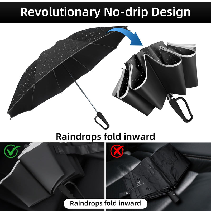 50in Inverted Folding Travel Umbrella – Windproof 10Ribs Upside Down Umbrella with Carabiner Handle, Rain Sun Protection for Women Men (Black) Black + Black