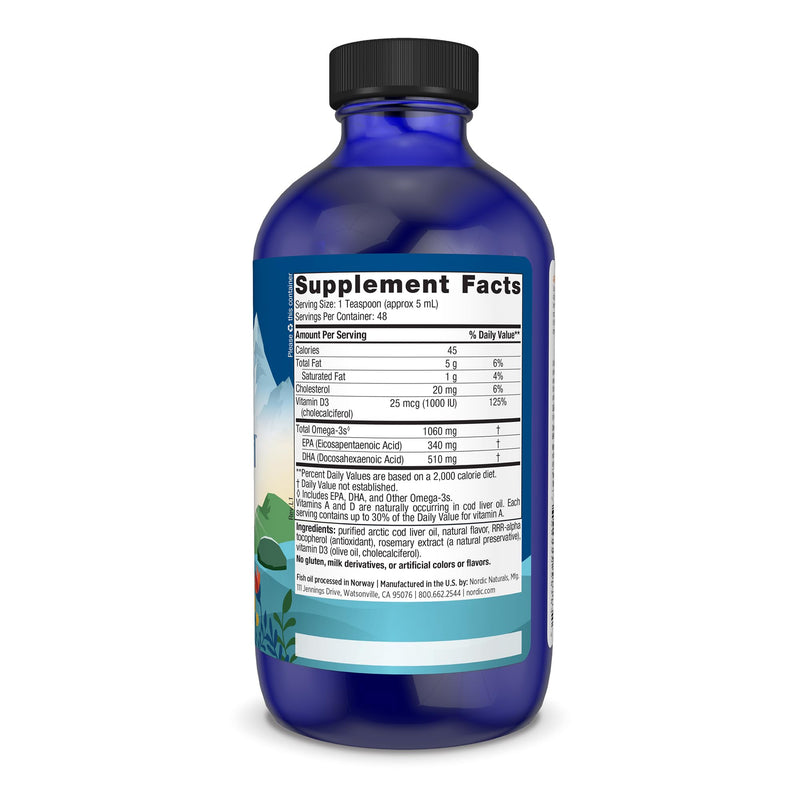 [Australia] - Nordic Naturals Arctic-D Cod Liver Oil, Lemon - 8 oz - 1060 mg Total Omega-3s + 1000 IU Vitamin D3 - EPA & DHA - Heart, Brain, Bone, Immune & Mood Support - Non-GMO - 48 Servings 