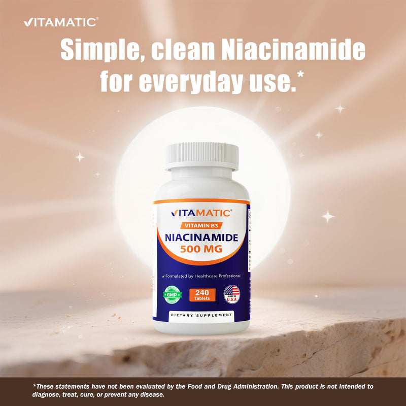 Vitamatic Niacinamide 500 mg 240 Tablets - Flush Free Vitamin B3 - Supports Energy Production 240 Count (Pack of 1)