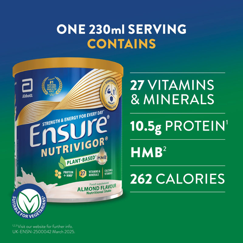 Ensure NutriVigor Nutritional Shake – Almond Flavour – 400g – Food Supplement with Protein, HMB & 27 Vitamins & Minerals – Supports Strength, Energy & Immunity – With Vitamin D, C & B