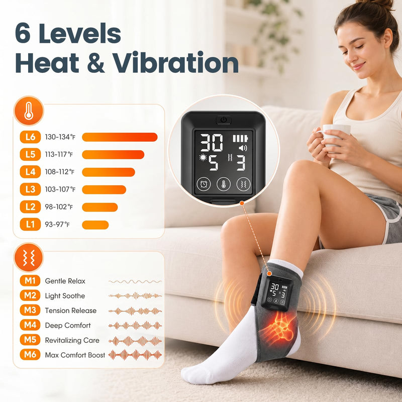 Foot Massager with Heat, Cordless Heated Ankle Wrap with Vibration, 4000mAh Rechargeable Adjustable Ankle Brace, 6 Heat & 6 Vibration Levels, 6 Timing Options(Single)