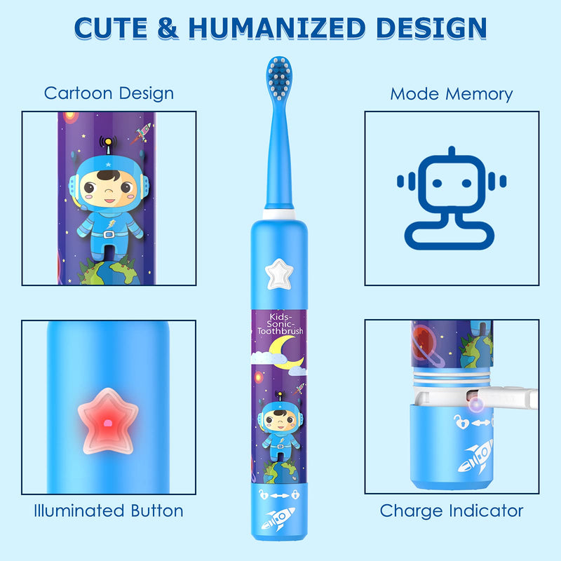 [Australia] - Musical Kids Sonic Electric Toothbrush, Rechargeable Smart Cartoon Toothbrush for Children Toddlers for Age 3-12 with 2- MinTimer, 3 Modes, 4 Bristles,34000 Pulses 