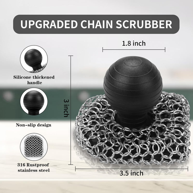 [Australia] - Cast Iron Scrubber with Pan Scraper, 316 Chainmail Scrubber, Upgraded Chain Mail Scrubber Sponge, Cast Iron Cleaner for Grill Pan Skillet Wok Carbon Steel, Dutch Oven Metal Brush Cleaning Kit, Black 