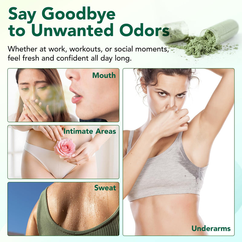 Body Deodorizing Supplement 120 Capsules, Internal Deodorant Chlorophyll Capsules, Natural Odor Control Chlorophyll Pills for Gut Health, Skin Health, Detox & Digestion Support