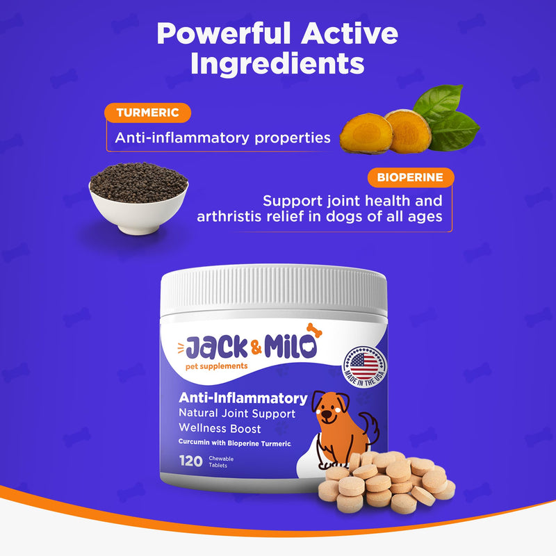 Supplement Anti Inflammatory for Dogs with Turmeric, Hip, and Joint - Dog Arthritis Pain Relief, Support for Mobility & Wellness, USA Made-GMP Certified, Non-GMO, 120 Tablets - Jack & Milo Anti-Inflammatory - PawsPlanet Australia