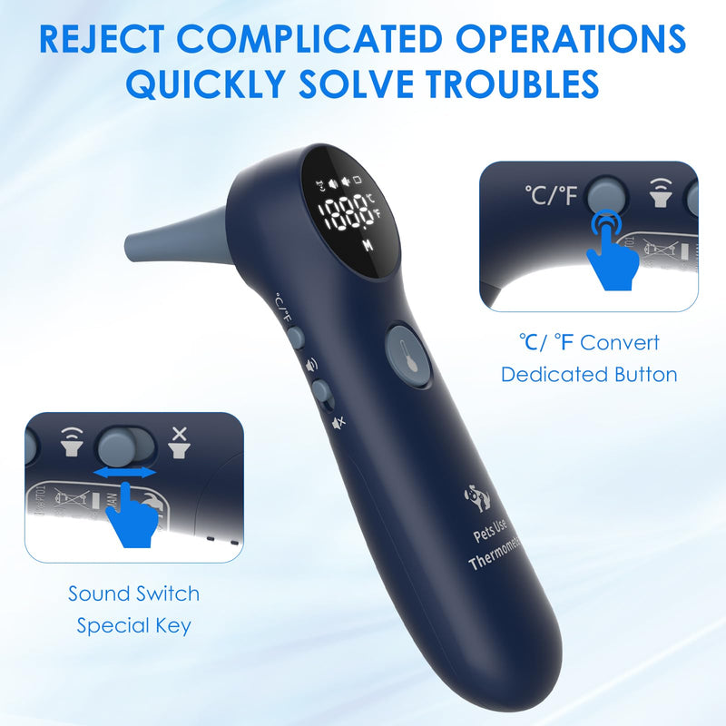 Pet Ear Thermometer for Dogs, Cats, and Livestock, Long Probe Designed, ℃/ ℉ Convert and Sound Switch Dedicated Button, 1 Second Measurement, 20 pcs Pet Swabs Included - PawsPlanet Australia