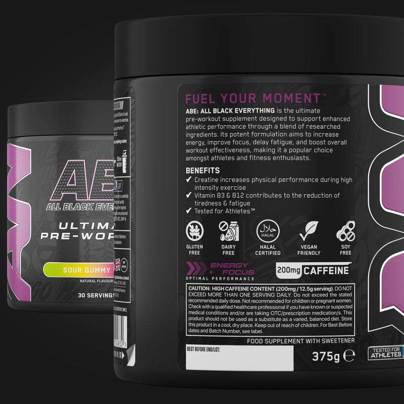 Applied Nutrition Bundle ABE Pre Workout 375g + Electric Shaker | All Black Everything Pre Workout Powder, Energy Drink, Physical Performance, Creatine, Beta Alanine, Caffeine (Sour Gummy Bear) Sour Gummy Bear