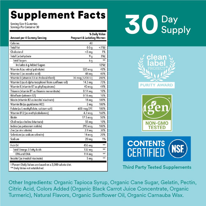 SmartyPants Prenatal Vitamins for Women, Multivitamin Gummies: Omega 3 Fish Oil (EPA/DHA), Biotin, Methylfolate, Vitamin D3, C, Vitamin B12, B6, A, K & Zinc, Inositol, 120 Count (30 Day Supply) 30 Servings Discontinued - 30 Day Supply