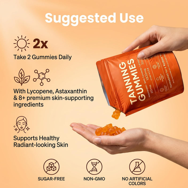 Tanning Gummies Fast Tan Without Sun, Antioxidant with Beta Carotene, Astaxanthin, Lycopene & Vitamins C&E, Sunbed Tanning Accelerator,Tanning Gummies for Sunless Glow, 60 Capsules(1 Bag)