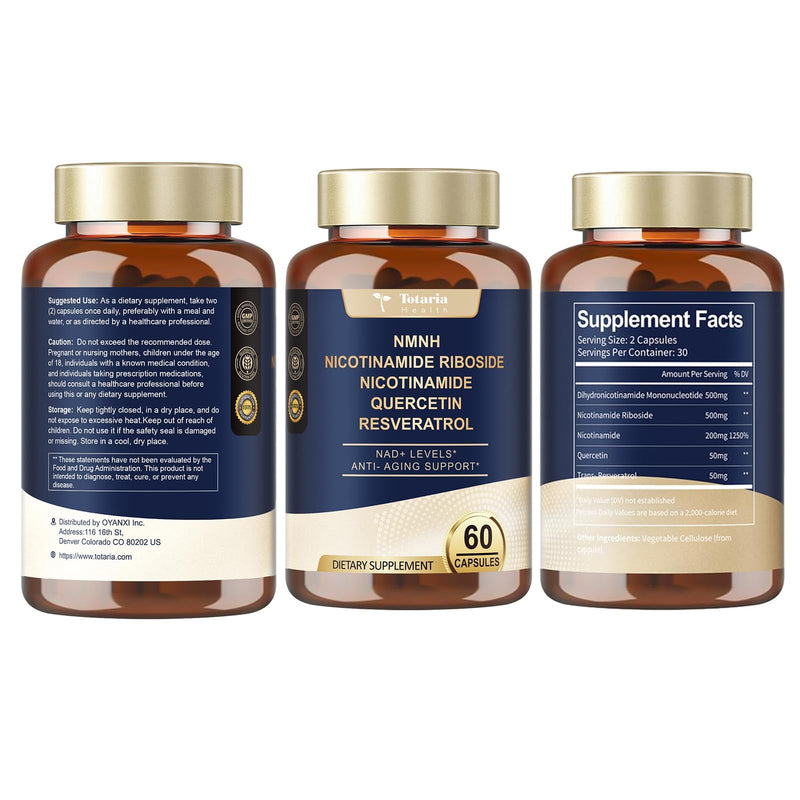 Totaria NMNH 500mg (Dihydronicotinamide Mononucleotide), Premium NMN Alternative Supplement w/Niacinamide (Vitamin B3), Quercetin, Trans-Resveratrol, 60 Ct 60 Count (Pack of 1)