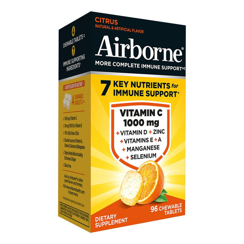Airborne Vitamin C 1000mg (per Serving) - Citrus Chewable Tablets (96 Count in a Box) - Packaging May Vary | Antioxidants Vitamins A, D & E + Zinc, Selenium, and Manganese, Herbal Blend, Multivitamin Supplements, Immune Health, Tasty 96 Count (Pack of 1)