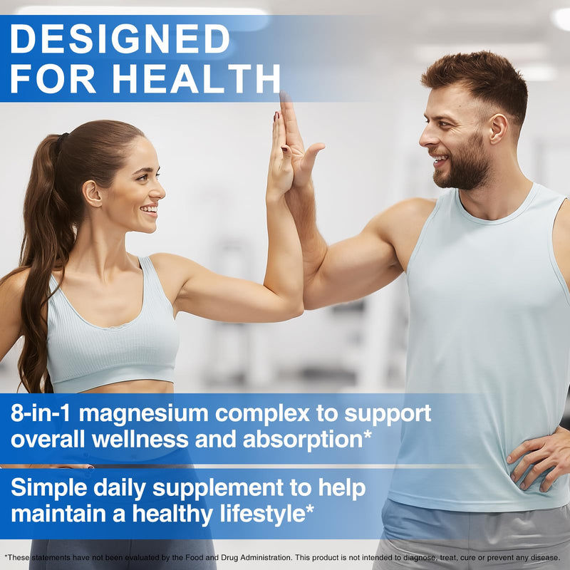 Magnesium Complex Supplement 90 Count, 8-in-1 Magnesium Complex Capsules, Easy Absorption for Sleep, Muscle Relaxation, Nerve & Heart Health, Energy, Non-GMO, Vegan