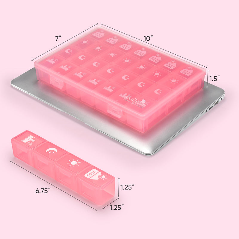 Fullicon Large Pill Organizer 4 Times a Day, 7 Day Pill Box, Pink | Each Compartment Holds 12 Fish Oils or 13 Vitamins, Clear Daily Icons, Durable Printing, Easy Open, Secure Snap Lids