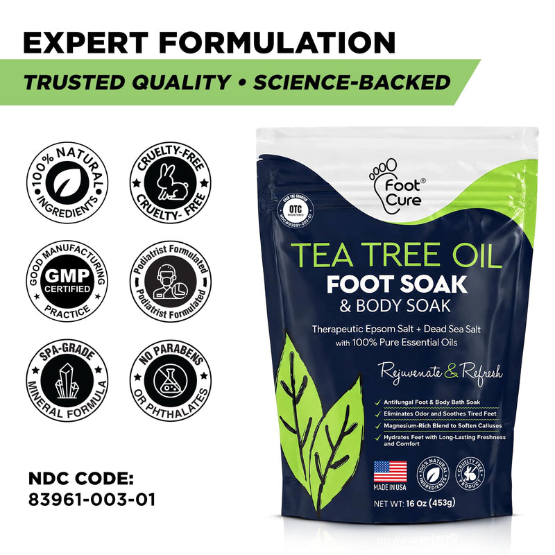 Tea Tree Oil Foot Soak with Epsom Salt - For Toenail Repair, Athletes Foot, Softens Calluses, Soothes Sore & Tired Feet, Nail Discoloration, odor Scent, Spa Pedicure Care - Made in USA 16 oz Tea Tree 16 Ounce (Pack of 1)