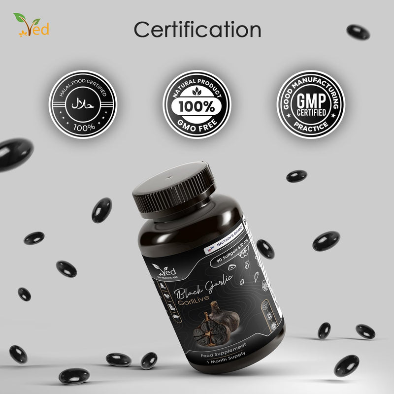 VED GarliLive, 90 Softgels, Fermented & Odourless Black Garlic Supplement with Dandelion Root, Yarrow herb, Immortelle herb, Vitamin E, B6, B2 & B1, Non-GMO, Halal, 3 Softgels per Day.