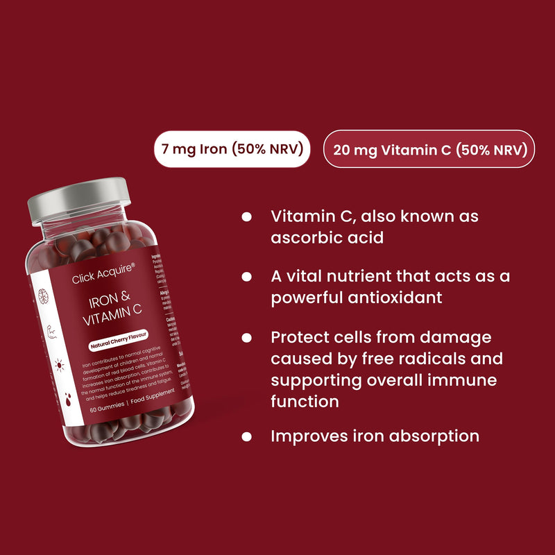 Iron and Vitamin C Gummies for Kids & Adults | 7mg Gentle Iron, 20mg Vitamin C Chewable | Vegan Natural Cherry Flavour | 2 Month Supply