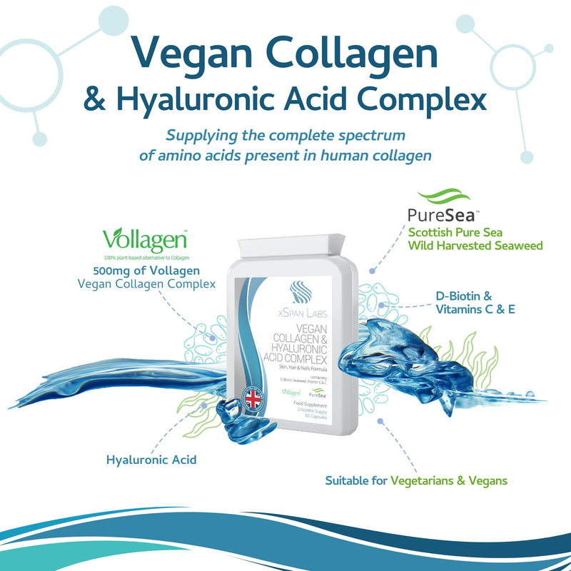 Vegan Collagen & Hyaluronic Acid Complex - 60 Capsules - Effective Skin, Hair & Nails Formula with 500mg of Vollagen in the Exact Amino ratios of Human Collagen