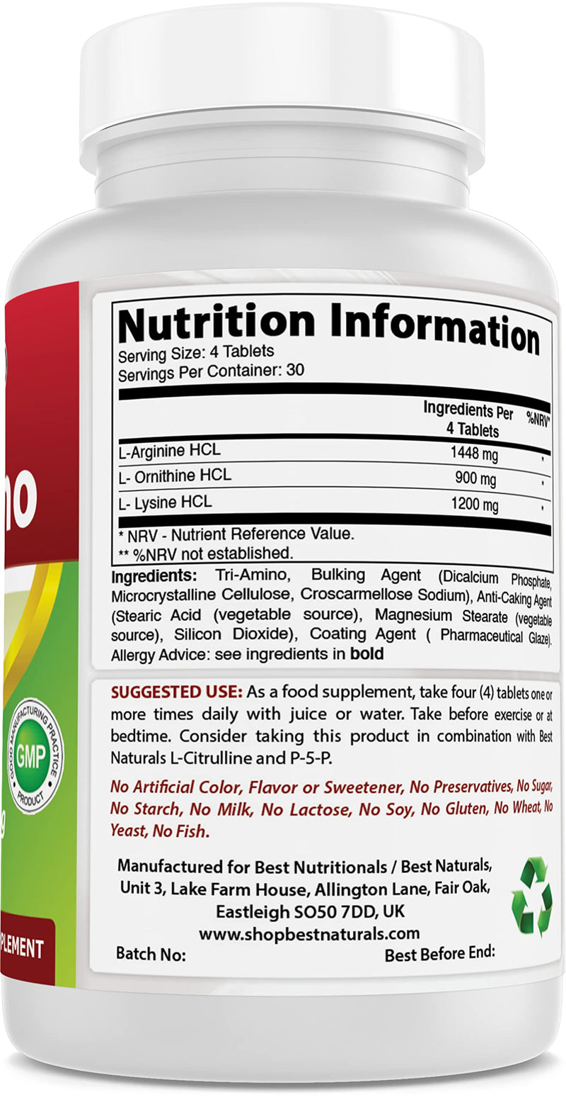 Best Naturals Tri-Amino with L-Arginine, L-Ornithine, L-Lysine 120 Tablets (120 Count (Pack of 3))