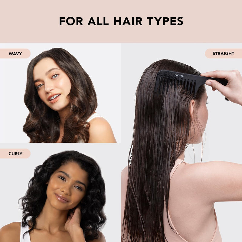 Kitsch Wide Tooth Detangler Comb - Curved Handle for Curly, Wet & Thick Hair, Black Shower Comb for Women Wide Tooth Comb