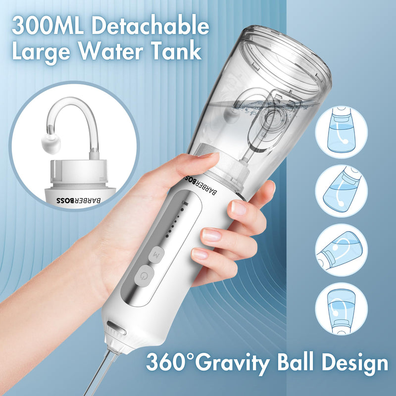 [Australia] - BarberBoss Water Flosser, Plaque Remover for Teeth, Oral Irrigator, Electric Dental Flosser, Dental Irrigator with 5 Nozzles and Cleaning Modes, Portable Oral Irrigator, QR-7024 (White) 