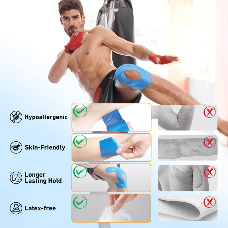 PreCut Kinesiology Tape for Knees, 24PCS Waterproof KTQUICK Knee Tape for Knee Pain Relief Pre Cut, Original Cotton Athletic Knee Tape, Waterproof & Hypoallergenic Latex-Free for Sports(Blue) Blue