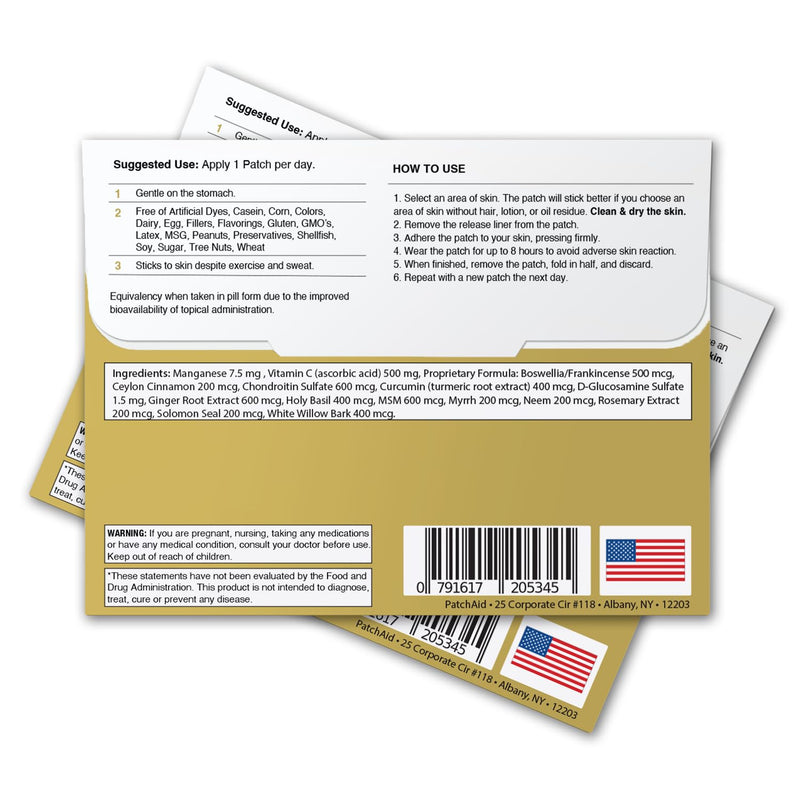 Patch Aid Glucosamin & Chondroitin Plus - 30 Daily Topical Patches. 100% Natural. High Absorption and More Bioavailable. Suitable for sensetive stomachs and bariatric.