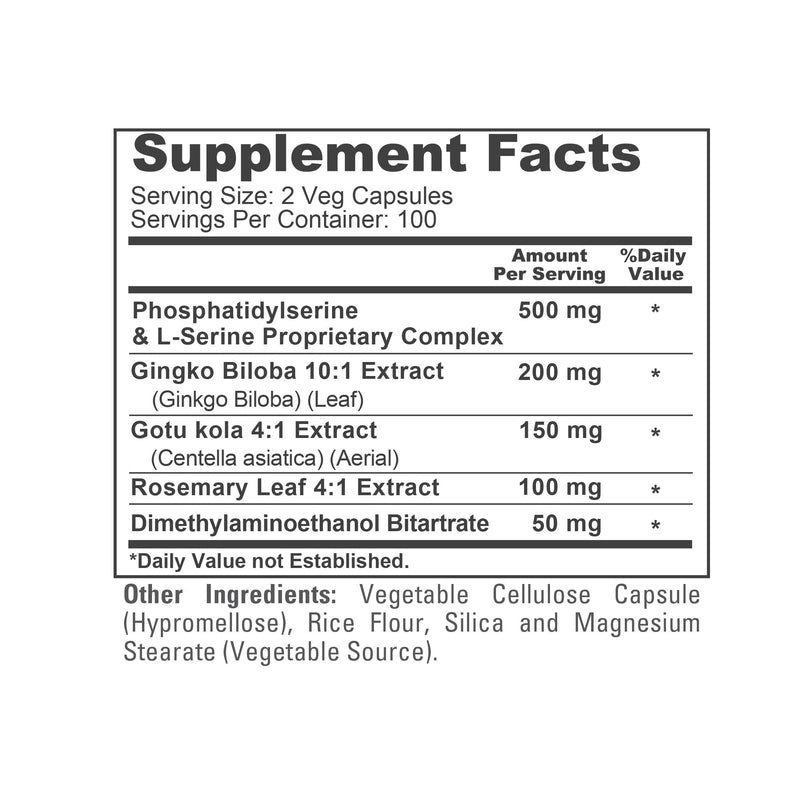 Phosphatidylserine Memory Ultimate Complex,1000mg, 200 Veg Caps -100 Serves | Vegan, Non GMO, 10:1 gingko Biloba, 4:1 Gotu kola, 4:1 Rosemary & DMAE, Suitable for Adults, Made in cGMP Facility USA 200 Count (Pack of 1)