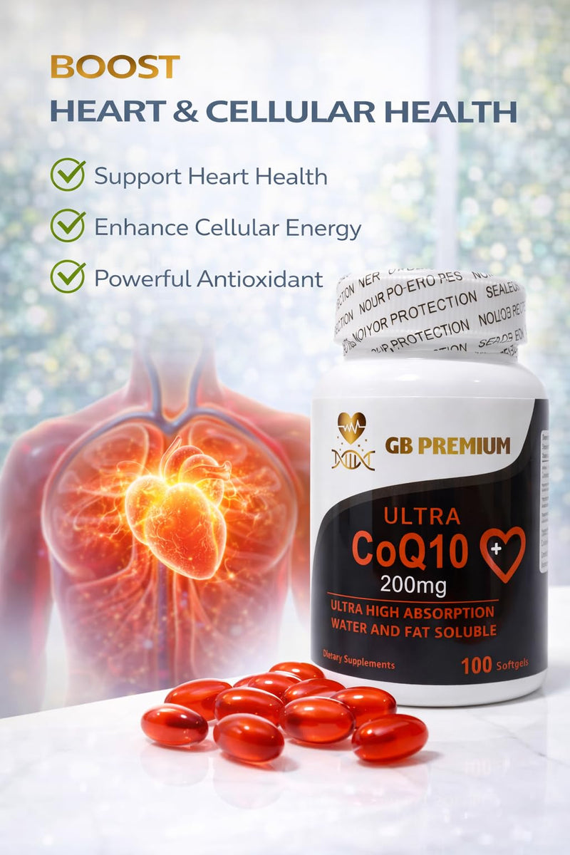 Coenzyme Q10 200mg Softgels, CoQ10 Ubiquinone Supplement, Water and Fat Soluble Formula, High Strength, 100 Count