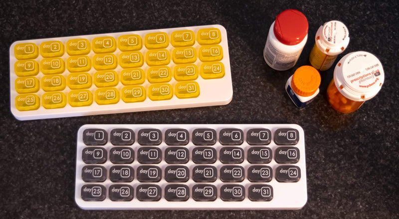 31 Day Monthly Pill Organizer with Daily Removable Pods - Grey (2 Pack, Yellow & Grey)