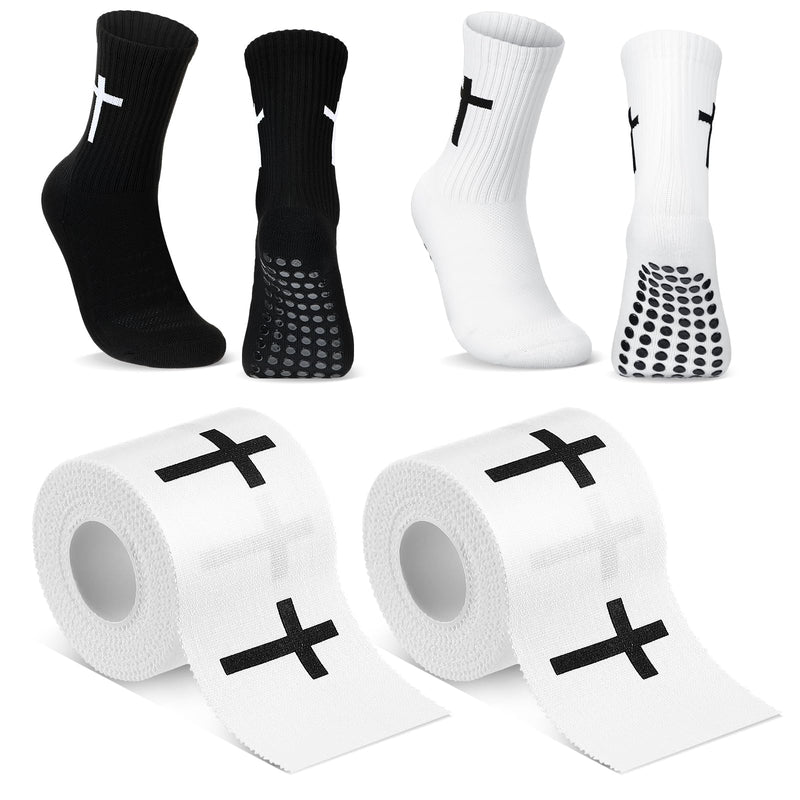 TrelaCo 2 Pcs Christian Athletic Tape with 2 Sets Cross Grip Socks Cotton Sports Athletic Tape Serrated Edges Religious Soccer Socks for Football Baseball Hockey Soccer (Cross)