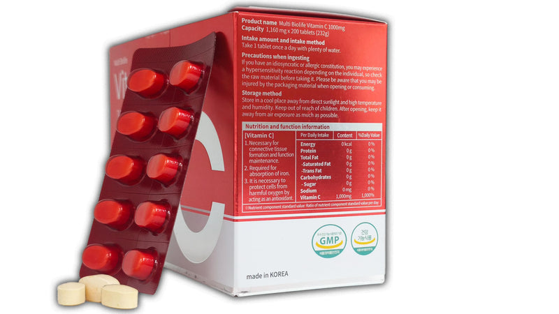 Vitamin C 1000mg (200 Tablets) - Supports a Immune System & Anti-oxidant Protection | Gluten Free - Made in Korea