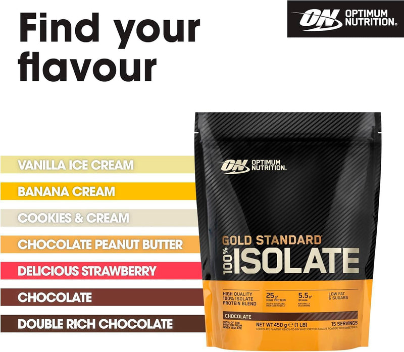 Optimum Nutrition Gold Standard 100% Isolate for Muscle Support and Repair, High Whey Protein Powder with BCAA Amino Acids, Low Sugar, Low Fat Sports Nutrition, Chocolate Flavour, 15 Servings, 450g 15 Servings (Pack of 1)