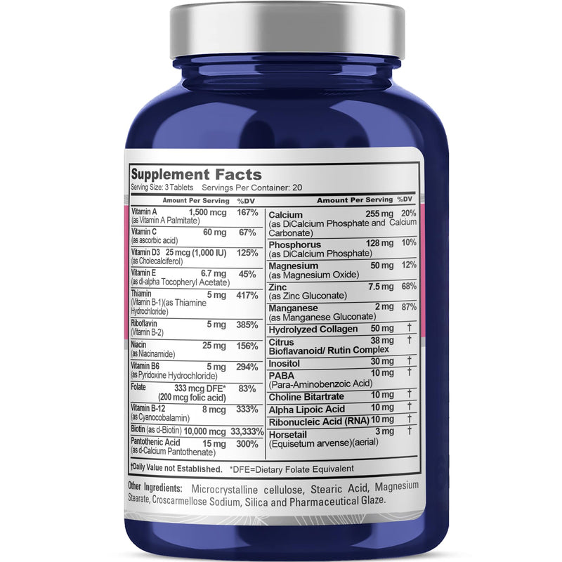 Hair, Skin & Nails Formula, 10,000mcg Biotin, 60 Veg Tablets - 20 Servings | Dietary Supplement Formula, Vitamins, Niacin & Biotin, Suitable for Adults, Manufactured in a cGMP Registered Facility USA