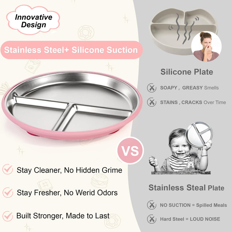 [Australia] - Bella's Friends Stainless Steel Baby Plates with Suction 3 Pack, 9” Divided Toddler Plates with Removable Silicone Sleeves for Mess-Free Feeding, Non-Toxic, Non-Slip, Dishwasher Safe, Green,Blue,Gray 3pack 9" 