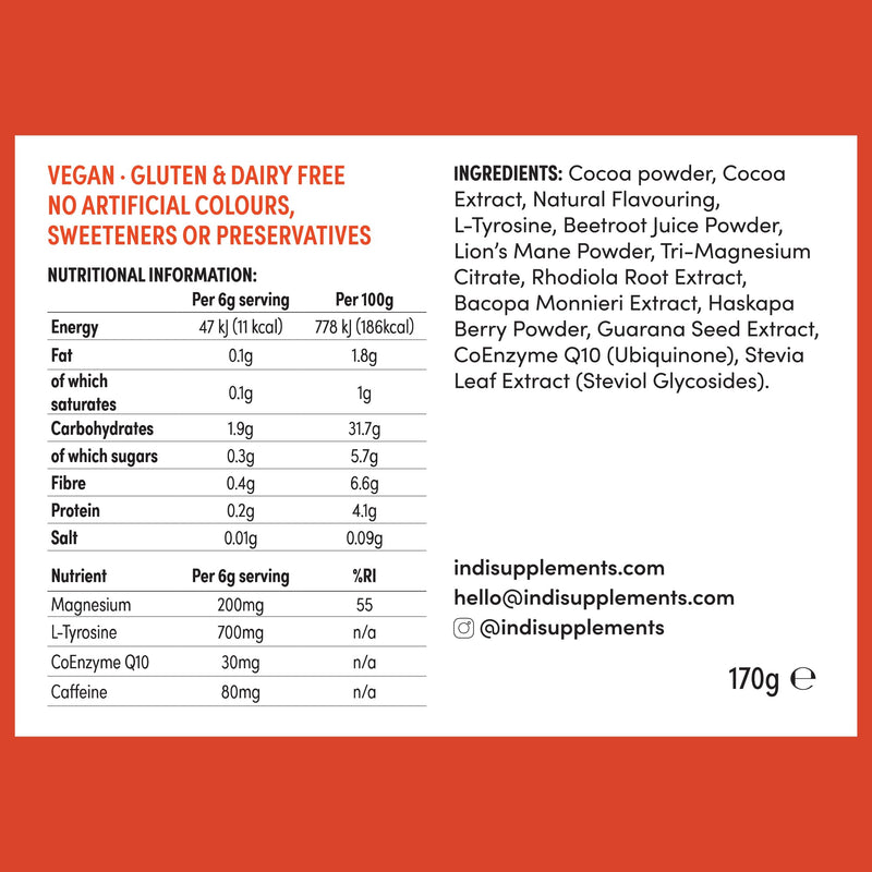 INDI Lion's Mane Mushroom Powder Supplement – Nootropic Brain Support for Focus & Mental Clarity – 15:1 Extract with Magnesium, CoQ-10 & Rhodiola – Chocolate Flavour, Vegan & Made in UK – 28 Servings 170 g (Pack of 1)