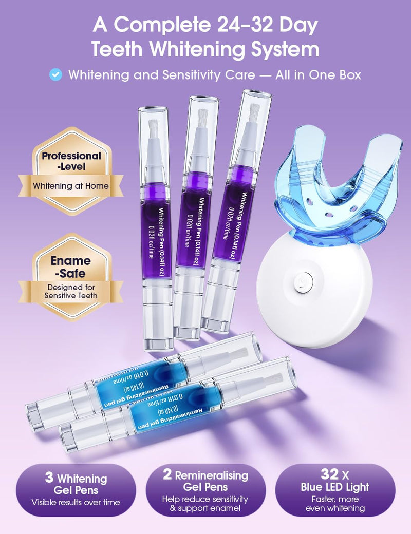 Teeth Whitening Kit with LED Light 35% Pap + Purple Tone Neutralizing 3 Whitening Pens + 2 Desensitising Gel Pens Instant Brightness & 7-Day Whitening Enamel-Safe (Mint) Mint