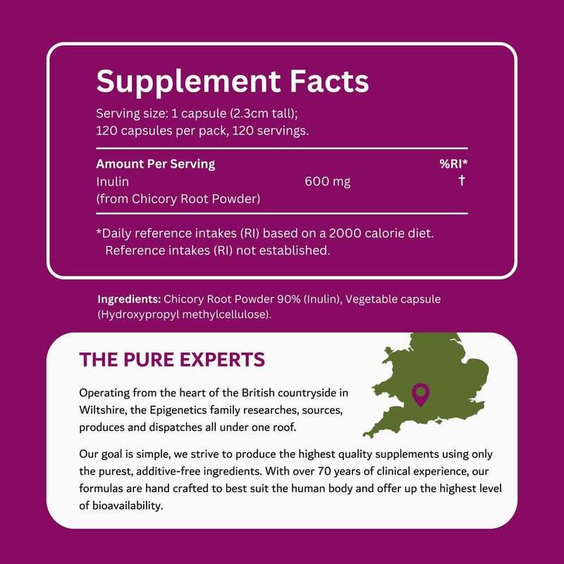 Inulin Fibre Supplement from Chicory Root | 120 Capsules | Prebiotic Gut Health Supplements | Increase Fibre Intake & Support Digestion | Vegan Friendly UK Made | 1 Capsule Daily 4 Months Supply