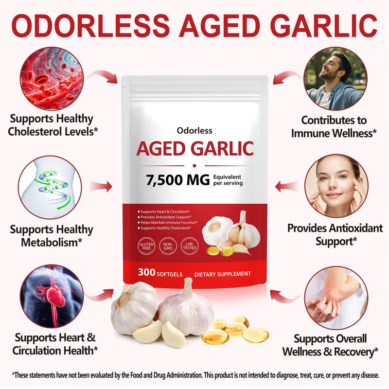 Aged Garlic Extract Capsules 7,500mg Equivalent 300 Softgels, Odourless Aged Garlic 15:1 Concentrate, Garlic Capsules for Daily Support, Non-GMO